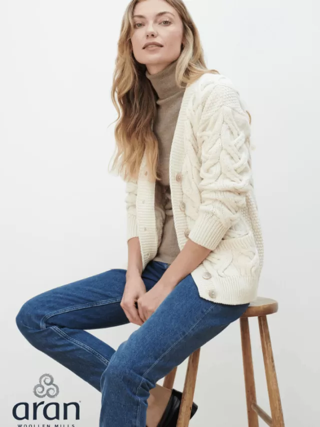 Women Sweater Shop Super Soft Aran V Neck Cardigan Natural