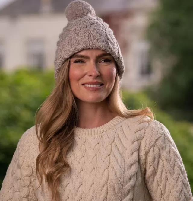 Sweater Shop Super Soft Cable Knit Hat with pom pom Beige