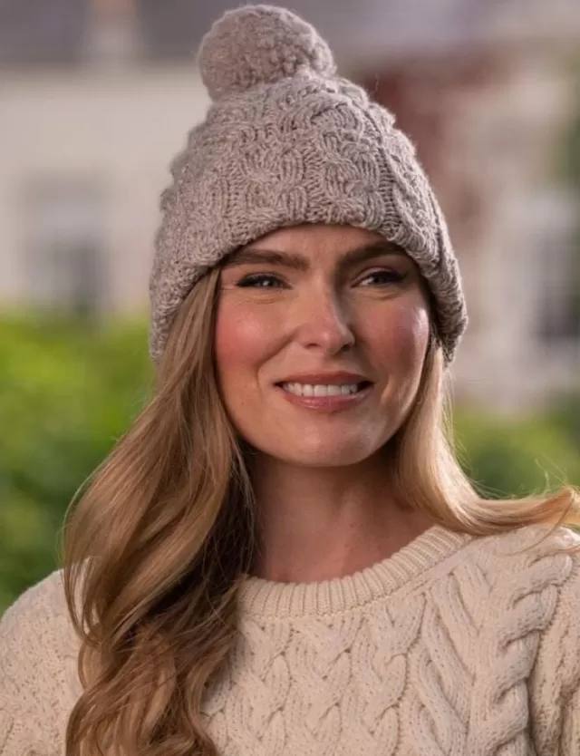 Sweater Shop Super Soft Cable Knit Hat with pom pom Beige