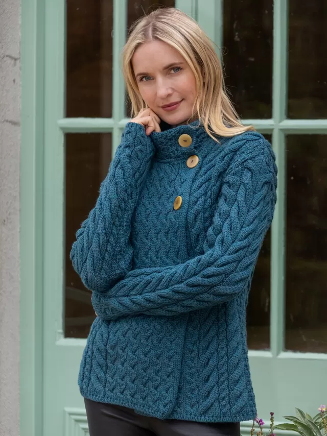 Women Sweater Shop Super Soft Merino Wool Aran Cardigan Teal