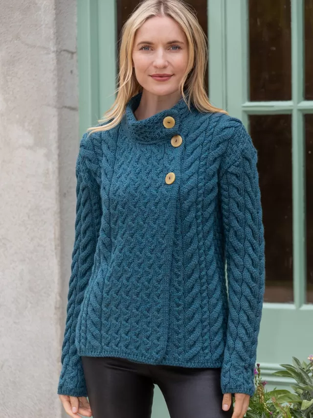 Women Sweater Shop Super Soft Merino Wool Aran Cardigan Teal