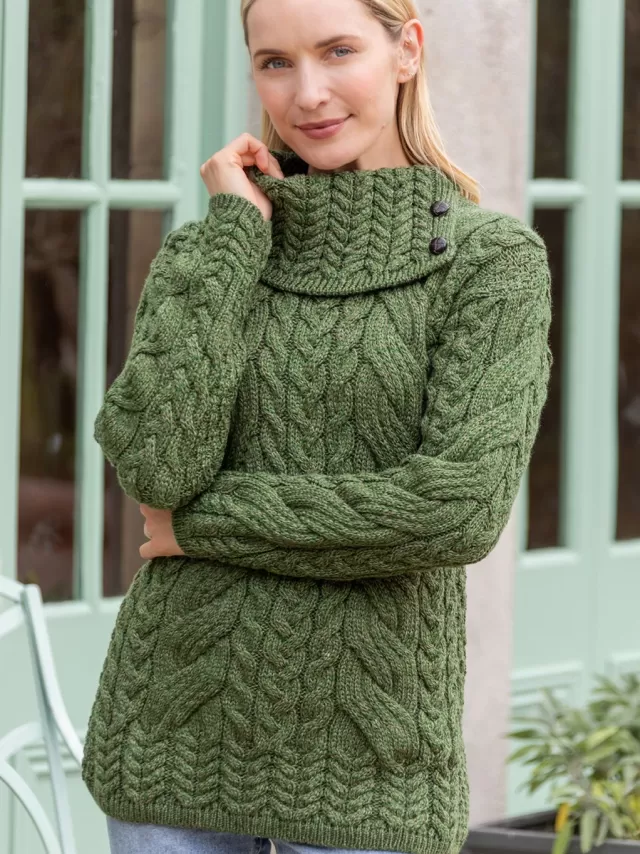 Women Sweater Shop 100% Super Soft Merino Wool Cowl Neck with Buttons Green