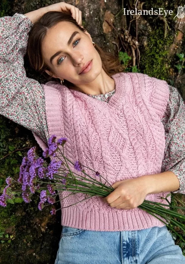 Women Sweater Shop Sweetpea V Neck Aran Vest Pale Pink