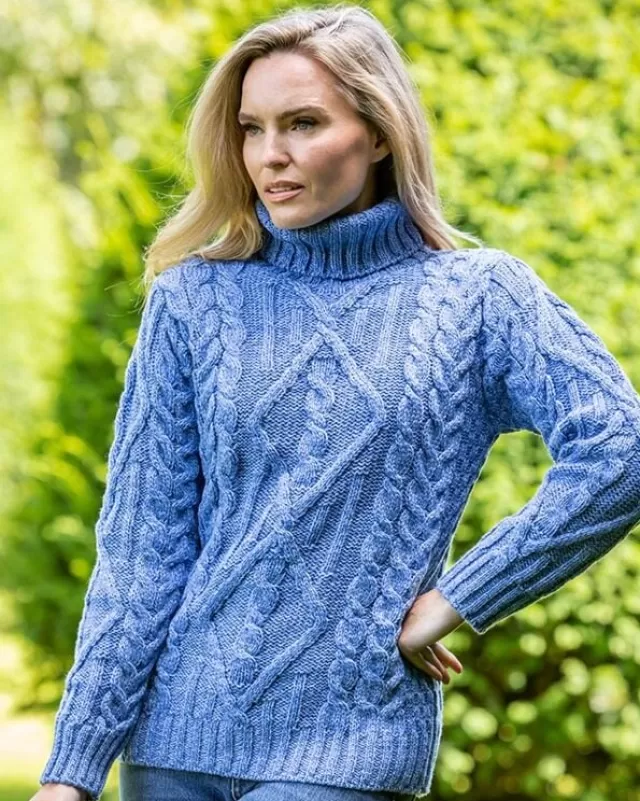 Women Sweater Shop Turtleneck Aran Sweater Blue