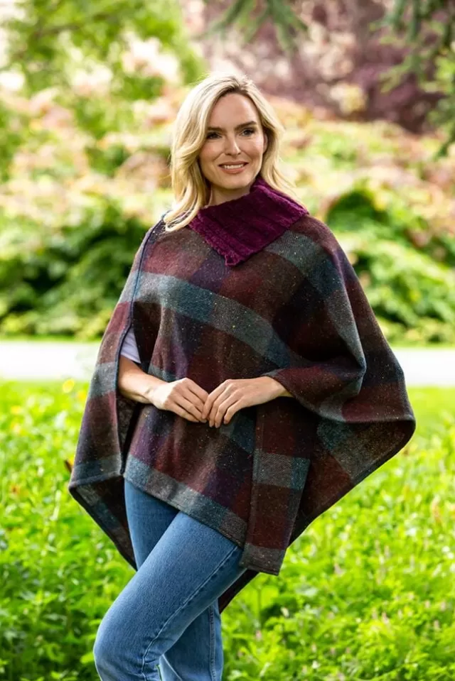 Women Sweater Shop Tweed Poncho with purple collar - Made in Ireland