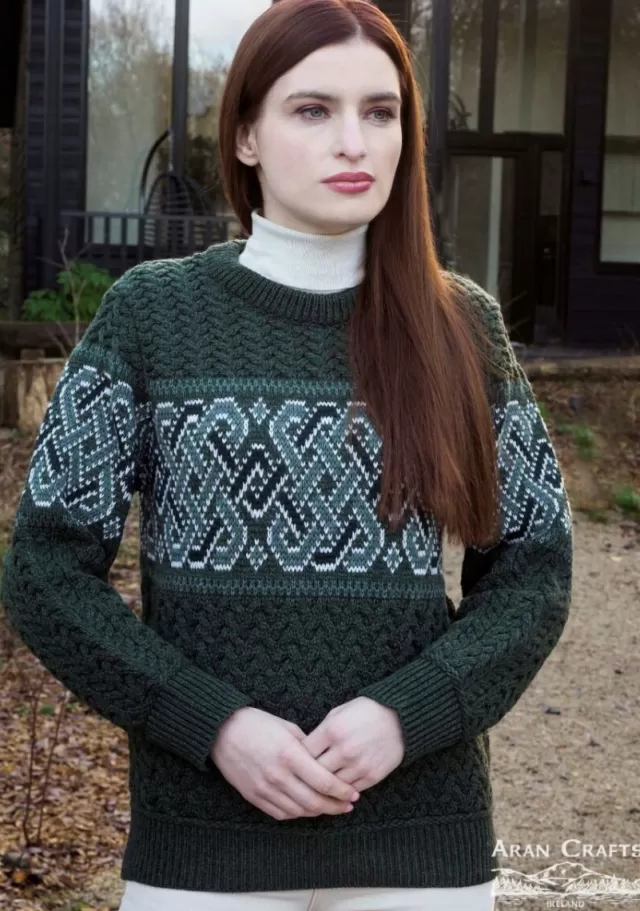 Sweater Shop Unisex Jacquard Crew 100% Merino Wool Army