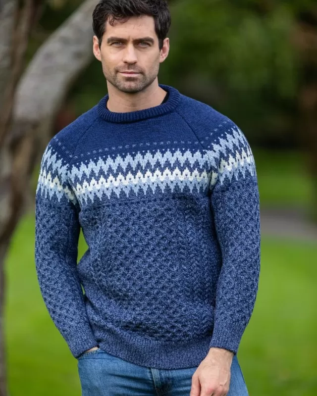 Sweater Shop Unisex Merino Wool Aran Fairisle Sweater Denim