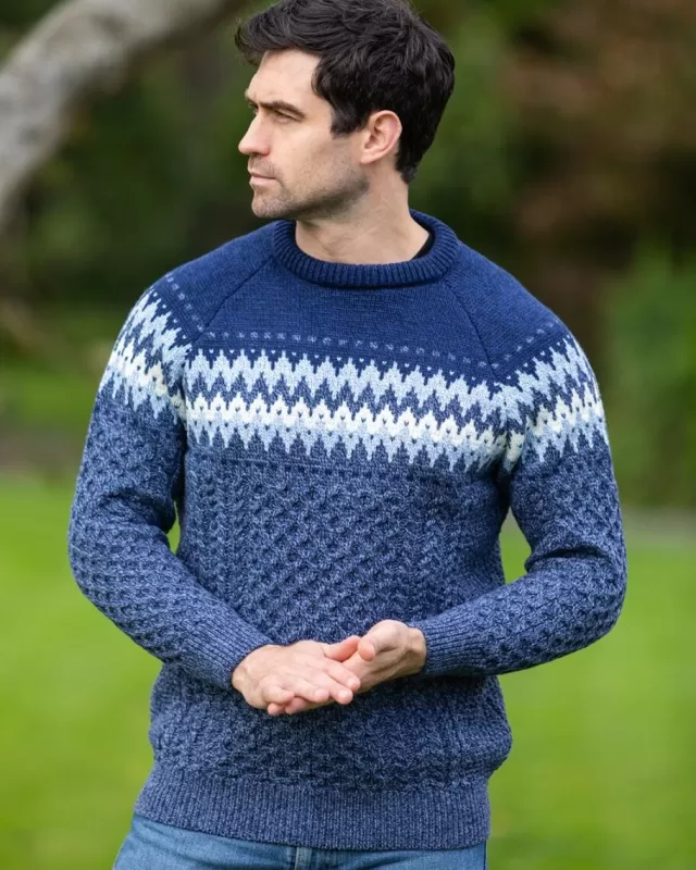 Sweater Shop Unisex Merino Wool Aran Fairisle Sweater Denim