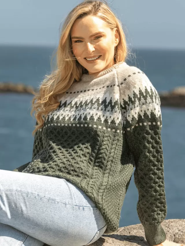 Women Sweater Shop Unisex Merino Wool Aran Fairisle Sweater Army