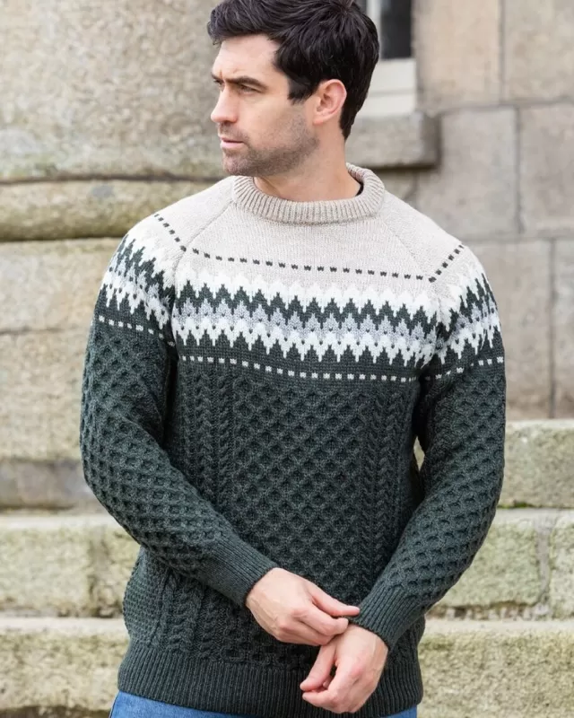 Sweater Shop Unisex Merino Wool Aran Fairisle Sweater Army Green