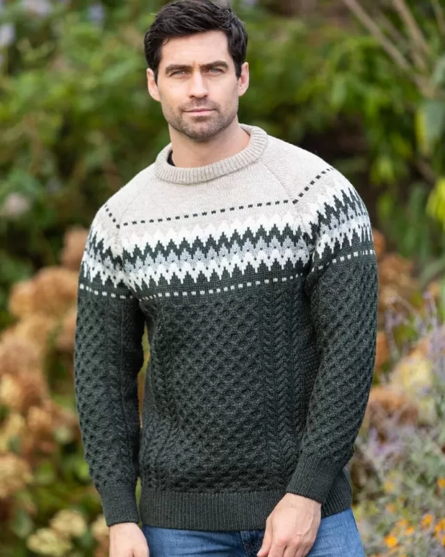 Sweater Shop Unisex Merino Wool Aran Fairisle Sweater Army Green