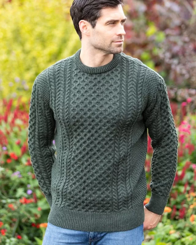 Sweater Shop Unisex Merino Wool Aran Sweater - Army Green