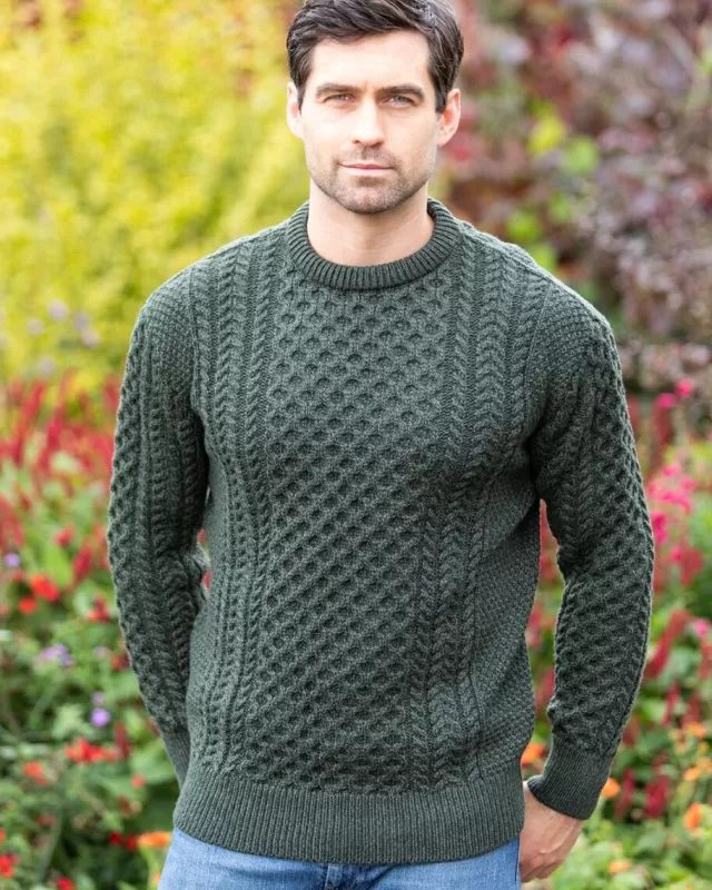 Sweater Shop Unisex Merino Wool Aran Sweater - Army Green