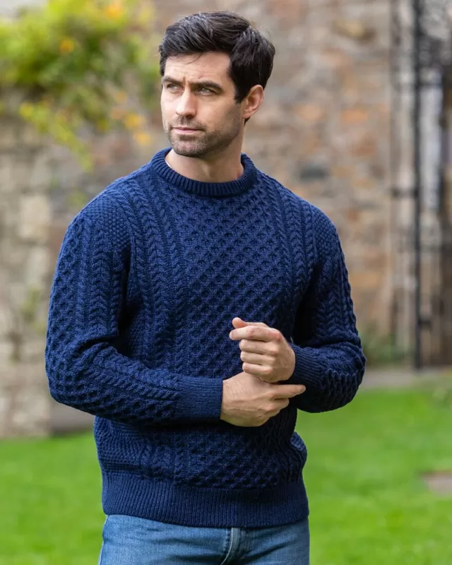 Sweater Shop Unisex Merino Wool Aran Sweater - Deep Water Blue