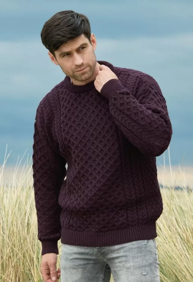 Sweater Shop Unisex Merino Wool Aran Sweater Damson