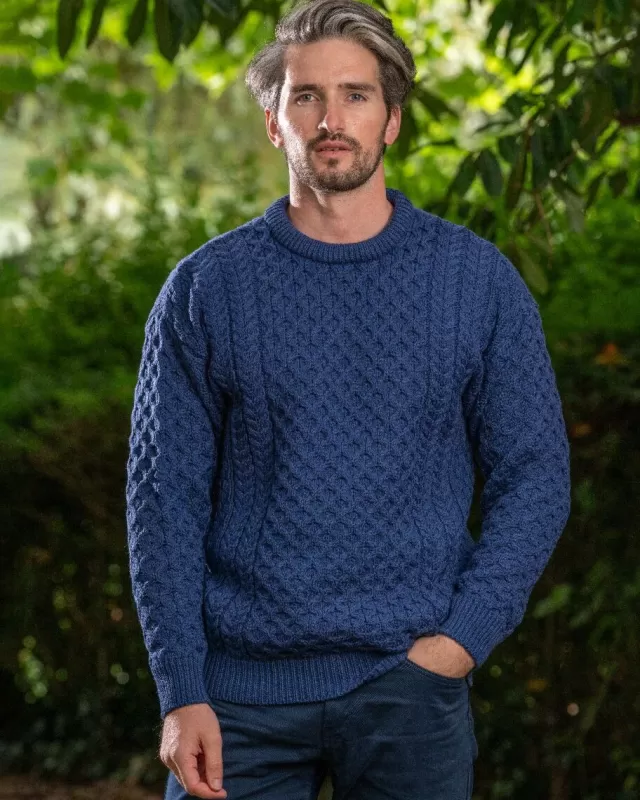 Sweater Shop Unisex Merino Wool Aran Sweater Denim Blue