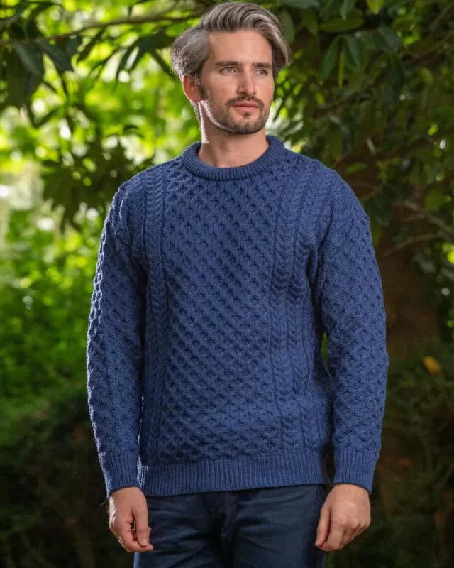 Sweater Shop Unisex Merino Wool Aran Sweater Denim Blue