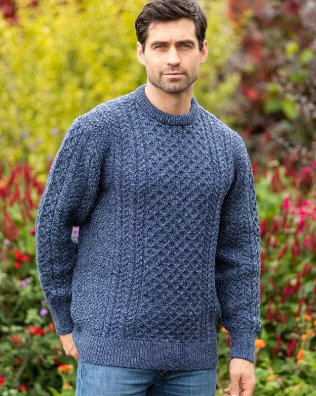 Sweater Shop Unisex Merino Wool Aran Sweater Denim Marl