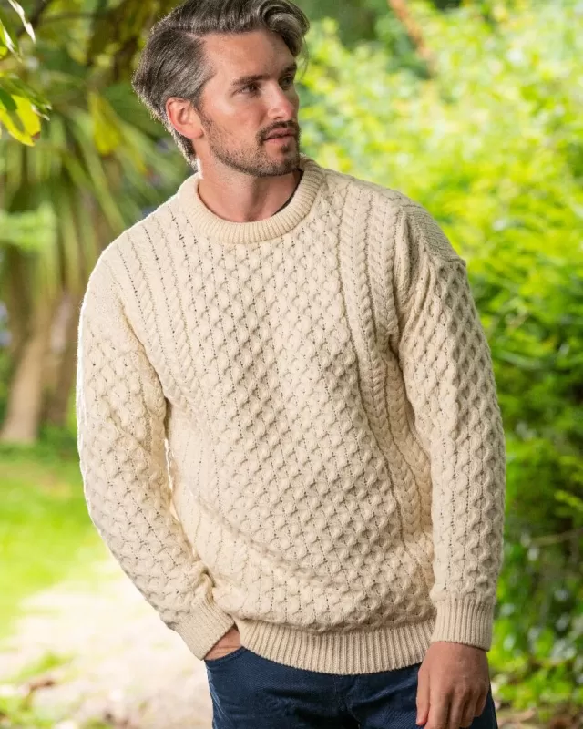 Sweater Shop Unisex Merino Wool Aran Sweater Natural