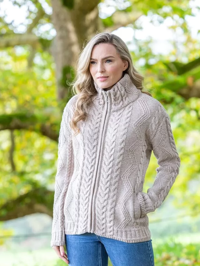 Women Sweater Shop Womens Cable Knit Cardigan with Claddagh Zip