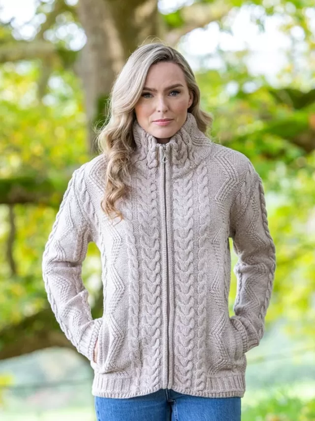 Women Sweater Shop Womens Cable Knit Cardigan with Claddagh Zip