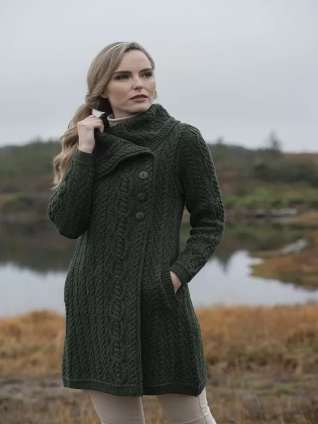 Women Sweater Shop Womens Long Coat with Chunky Collar Green