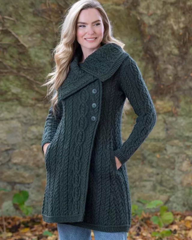 Women Sweater Shop Womens Long Coat with Chunky Collar Green