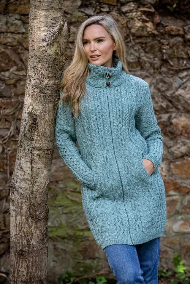 Women Sweater Shop Womens Long Fitted Aran Coat - Aqua