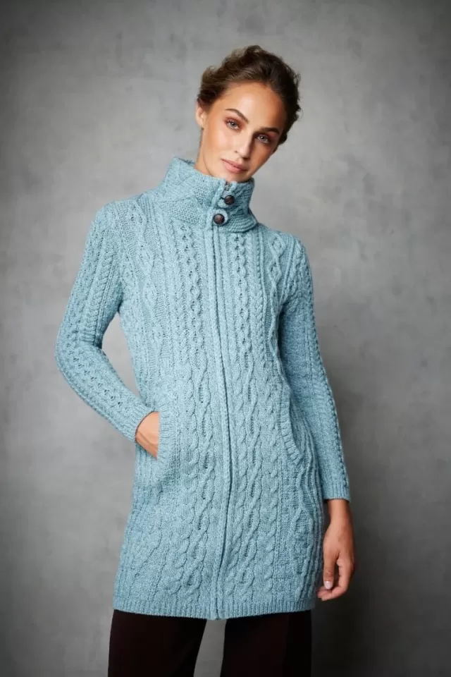 Women Sweater Shop Womens Long Fitted Aran Coat - Aqua