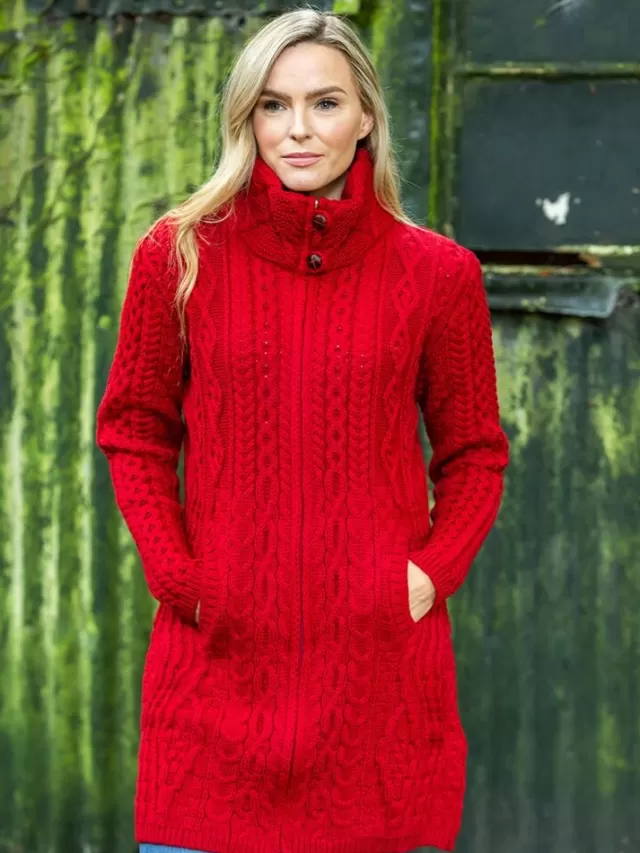 Women Sweater Shop Womens Long Fitted Aran Coat - Red