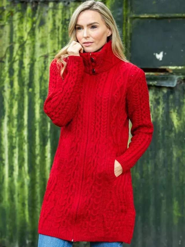 Women Sweater Shop Womens Long Fitted Aran Coat - Red