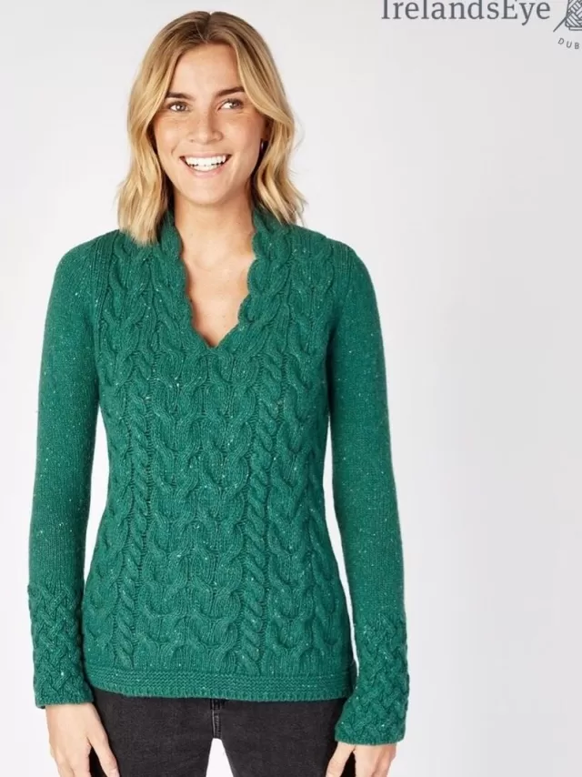 Women Sweater Shop Wool and Cashmere Cable v Neck Sweater - Green Garden