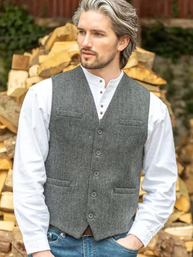 Sweater Shop Wool Blend Lined Waistcoat Grey Herringbone