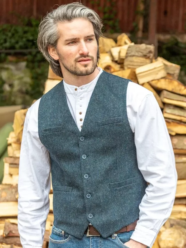 Sweater Shop Wool Blend Lined Waistcoat Navy Herringbone