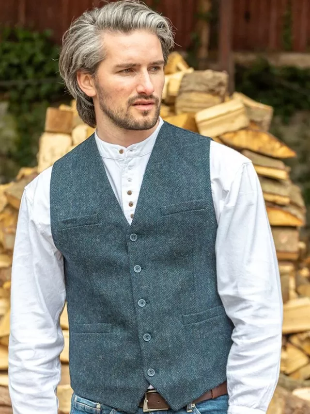 Sweater Shop Wool Blend Lined Waistcoat Navy Herringbone