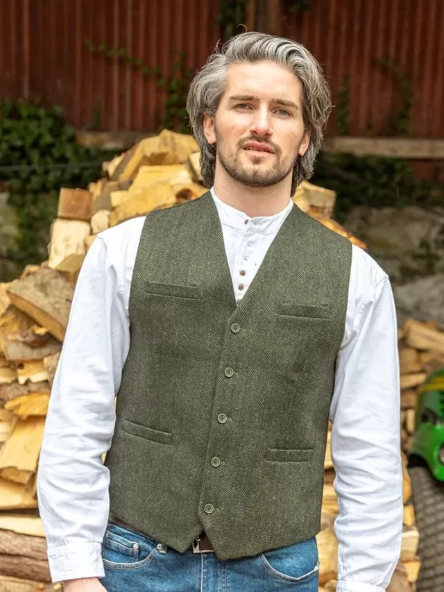 Sweater Shop Wool Blend Lined Waistcoat Olive Herringbone