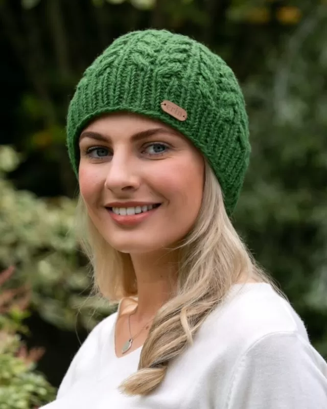 Sweater Shop 100% Wool Fully Lined Aran Pull on Hat Green